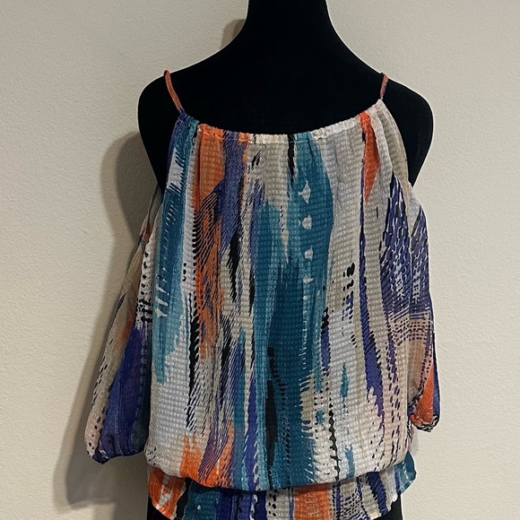Guess Sleeveless Off-Shoulder Blouse Blue and Orange - Picture 2 of 9